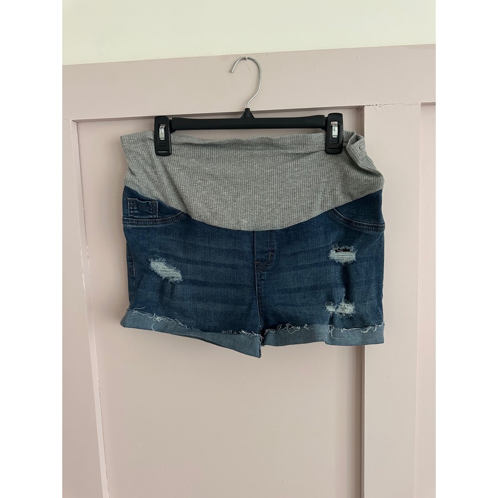 SHEIN Maternity Distressed Denim Shorts Blue Over Belly Ribbed Waistband Large